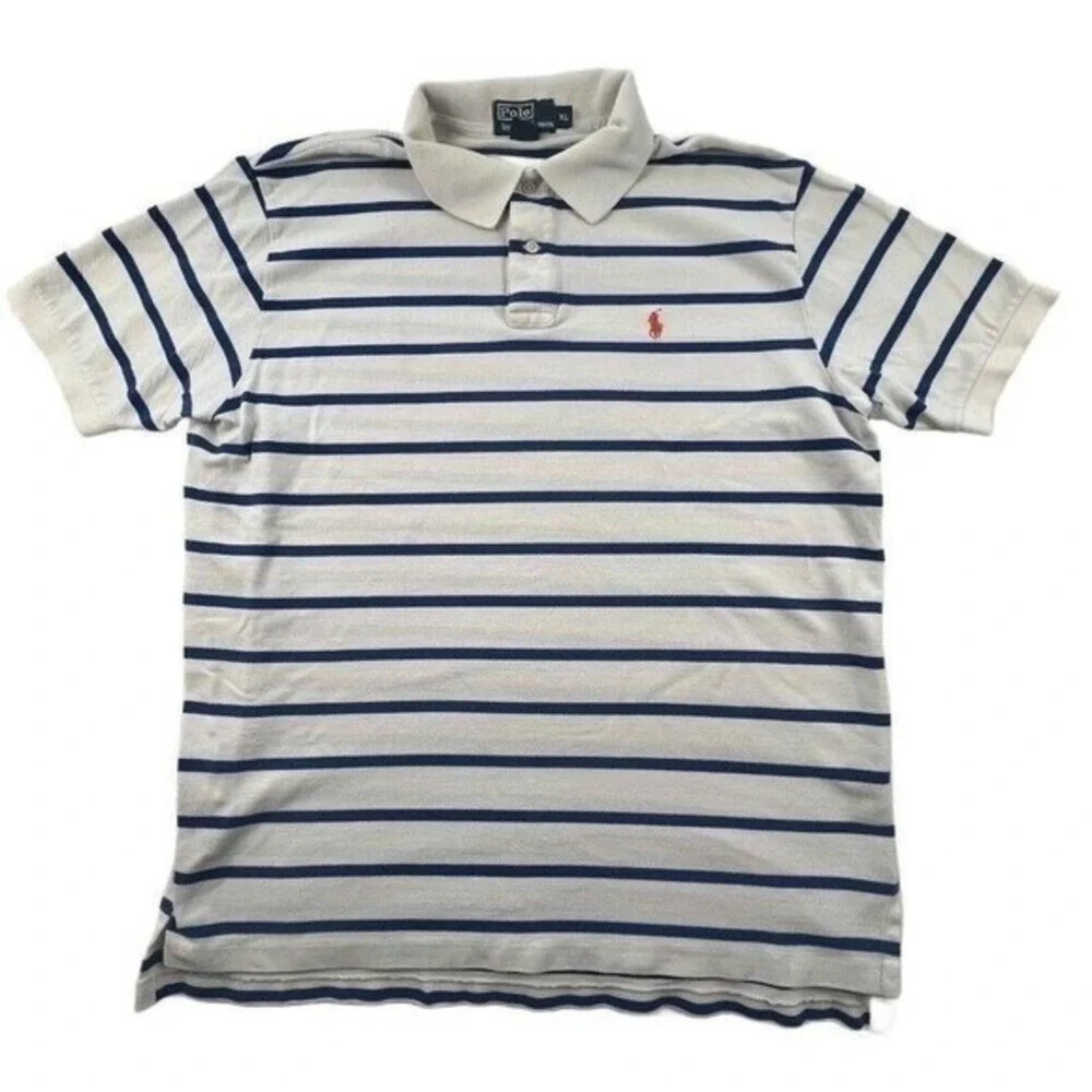 Polo Ralph Lauren Striped Polo Shirt XL Cream Navy Classic Cotton‎ Preppy Resort